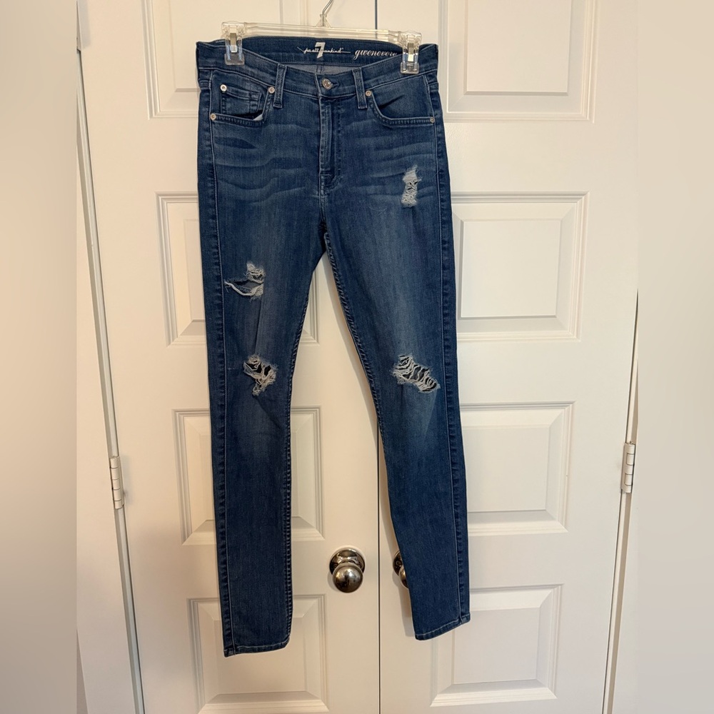 7 For All Mankind Dark Blue Distressed Skinny Jeans